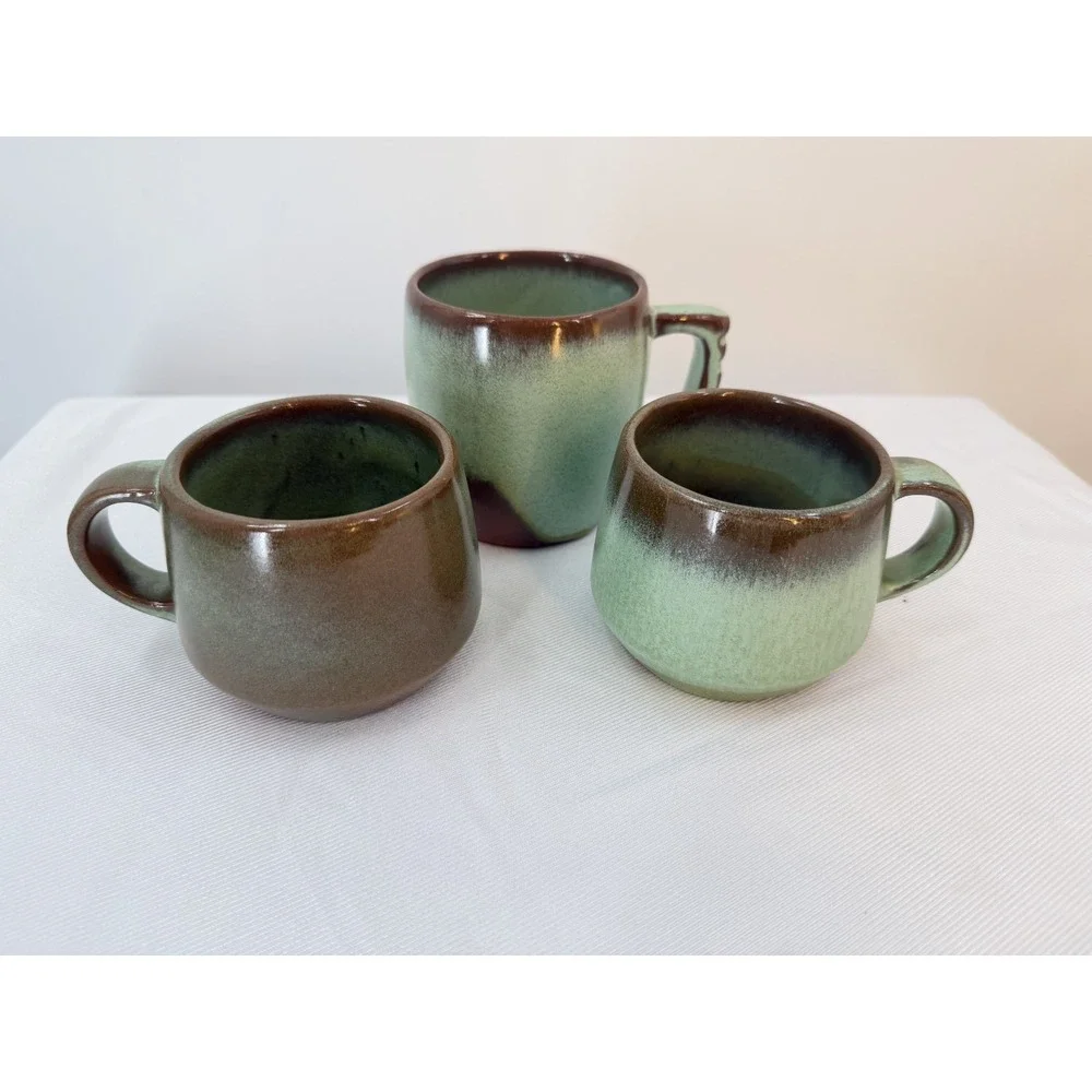 Frankoma GC Pottery Coffee Mug Set of 3 Green Brown Drip Glaze Ceramic Cups USA